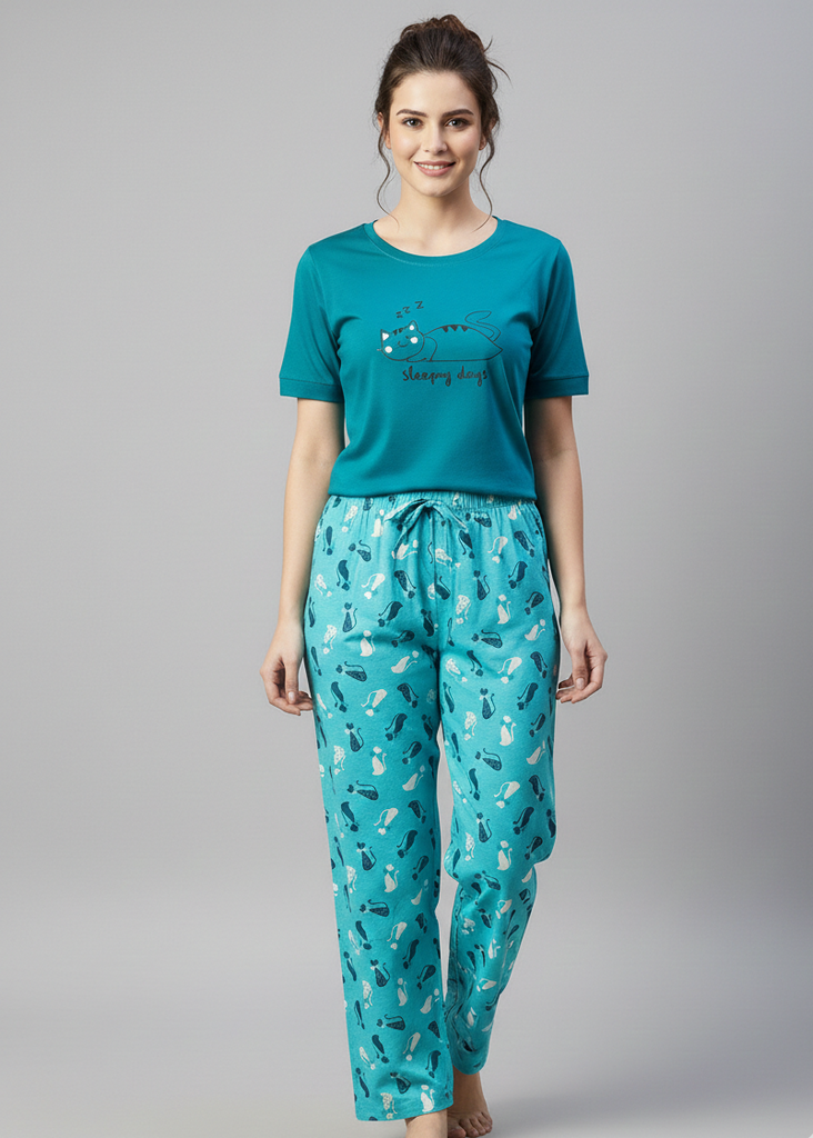 Wide Leg Pyjamas with Cat Print