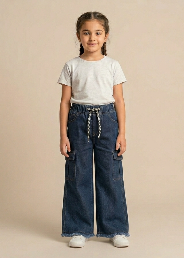 Girls' Wide-Leg Denim Cargo Pants