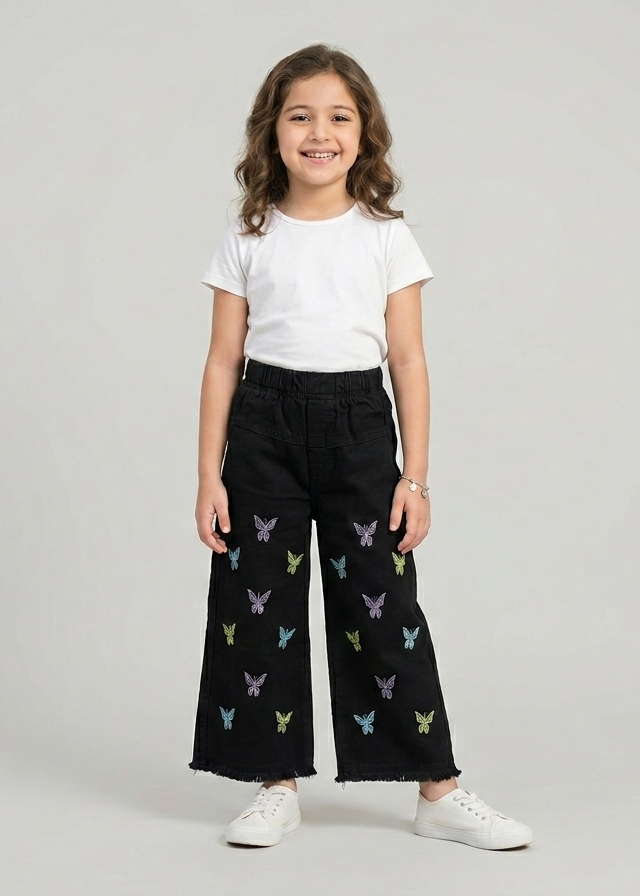 Girls' Black Wide-Leg Jeans with Colorful Butterfly Embroidery