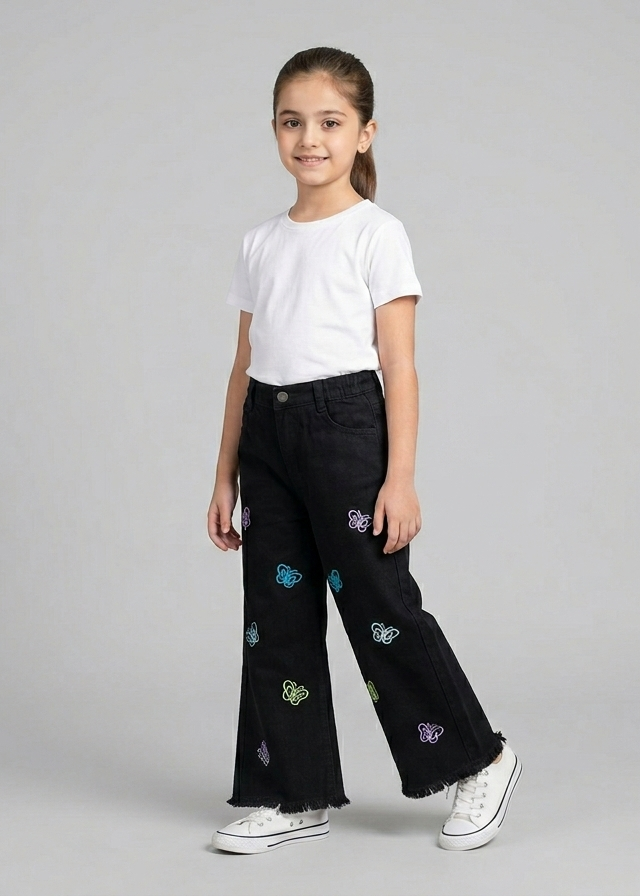 Girls' Black Wide-Leg Jeans with Colorful Butterfly Embroidery