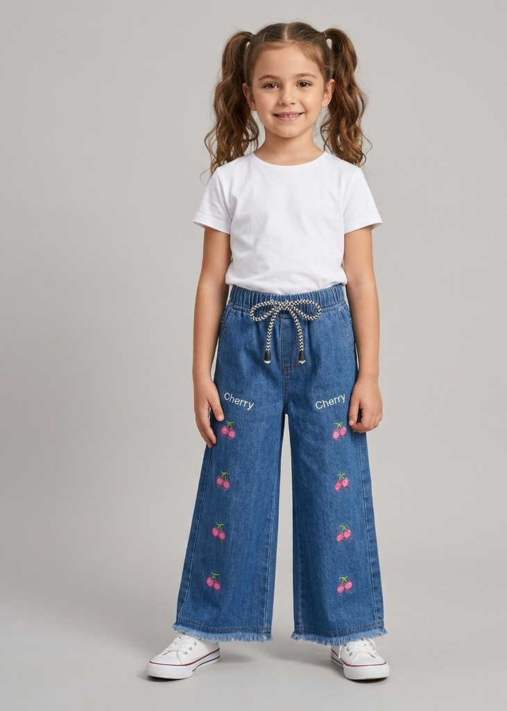 Girls' Cherry Embroidered Wide-Leg Denim Jeans