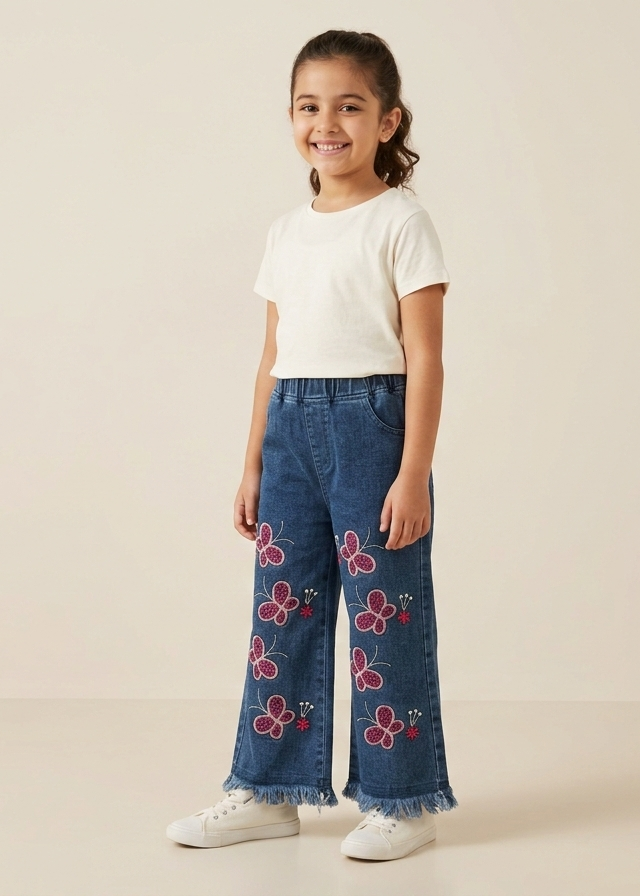 Girls' Butterfly Embroidered Wide Leg Jeans with Fringed Hem