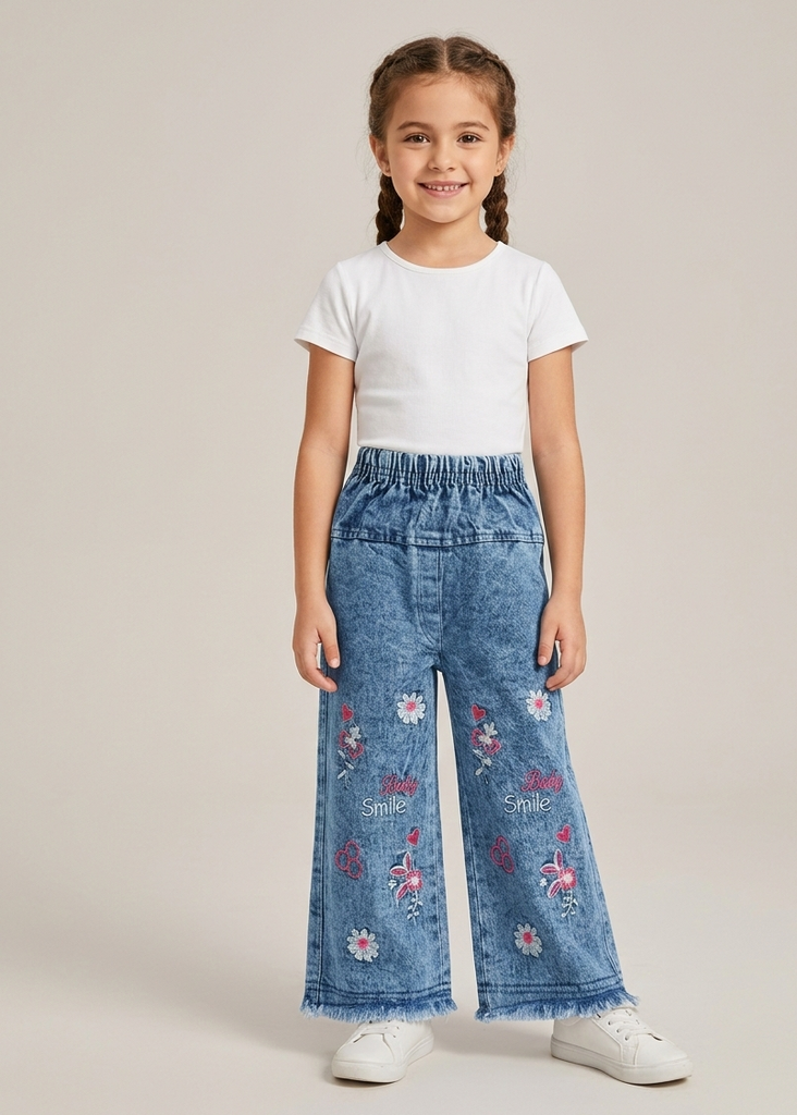 Girls' Floral Embroidered Wide Leg Jeans