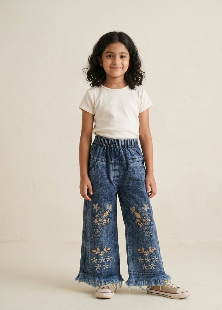 Girls' Embroidered Wide Leg Denim Jeans