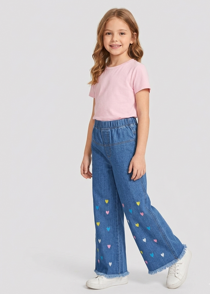 Girls' Heart Embroidered Wide Leg Jeans