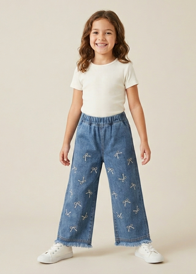 Girls' Bow Embroidered Wide-Leg Jeans with Frayed Hem