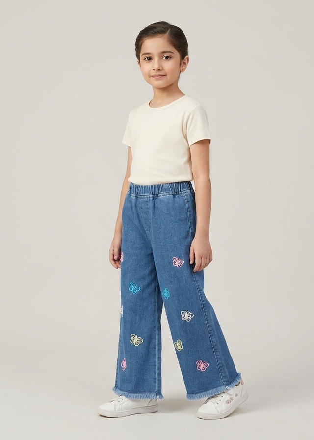 Girls' Wide-Leg Butterfly Embroidered Jeans
