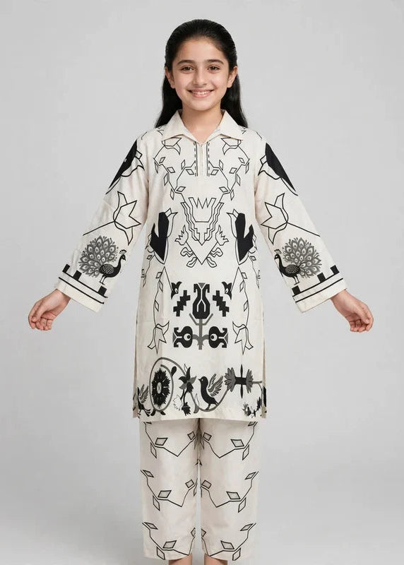 Girls White Printed Co Ord Set