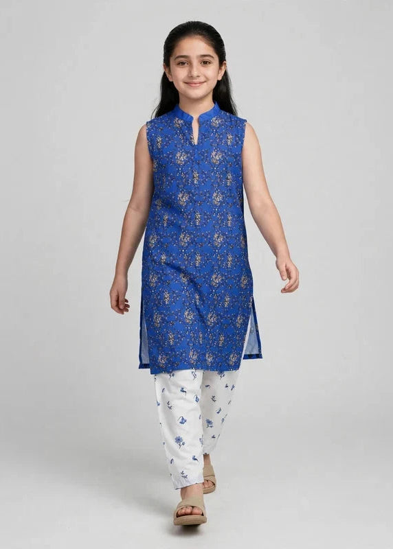 Girls Blue Printed Sleeveless Co Ord Set (Sleeves Included)