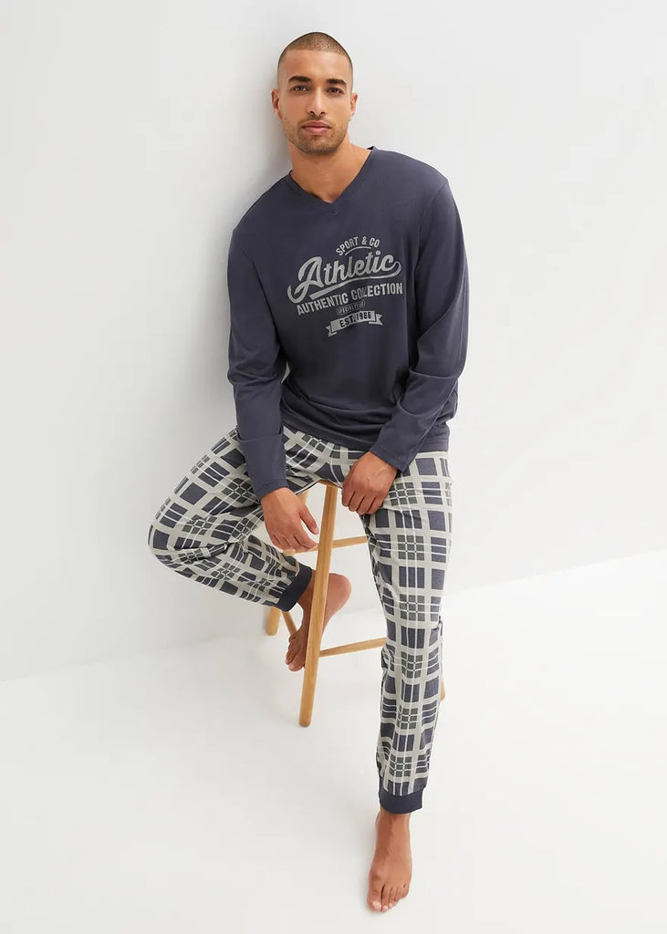Long-sleeved checked cotton pajamas