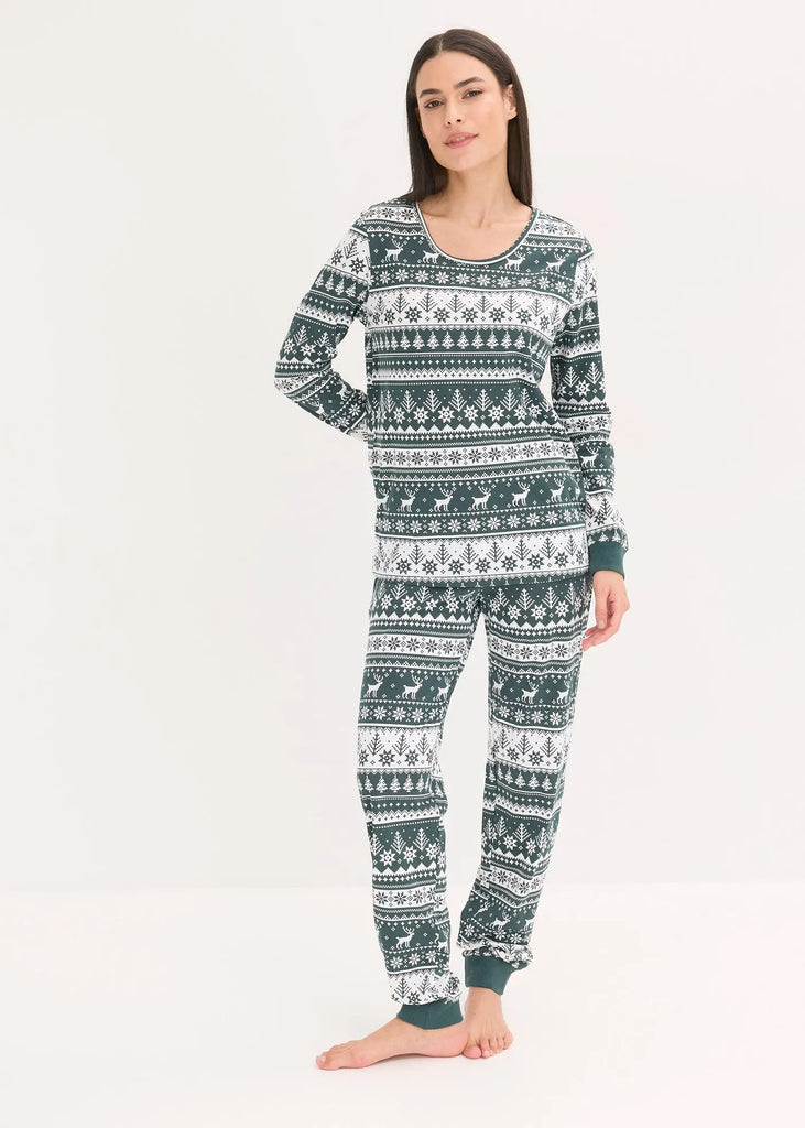 Cozy Winter Reindeer and Snowflake Print PJ Set