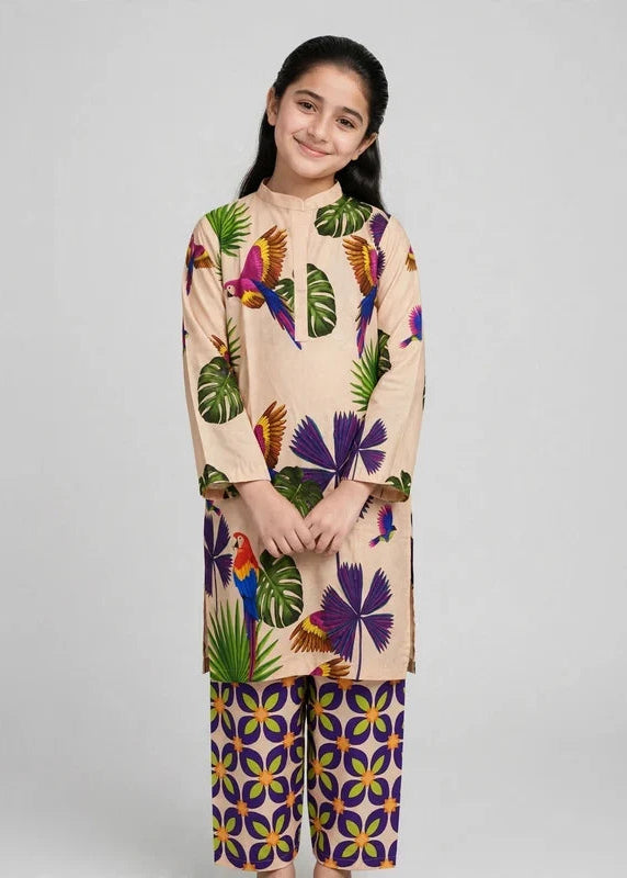 Girls Beige Printed Co Ord Set