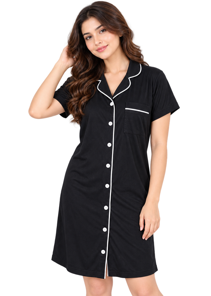 Nightdress with Short sleeves & button placket