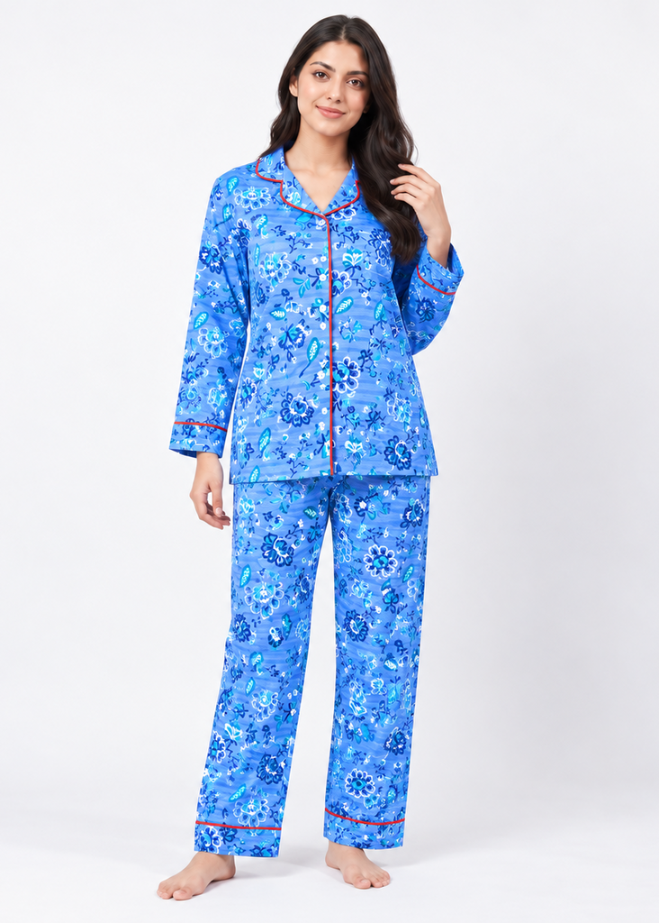 Elegant Blue Floral Button-Down Pajama Set
