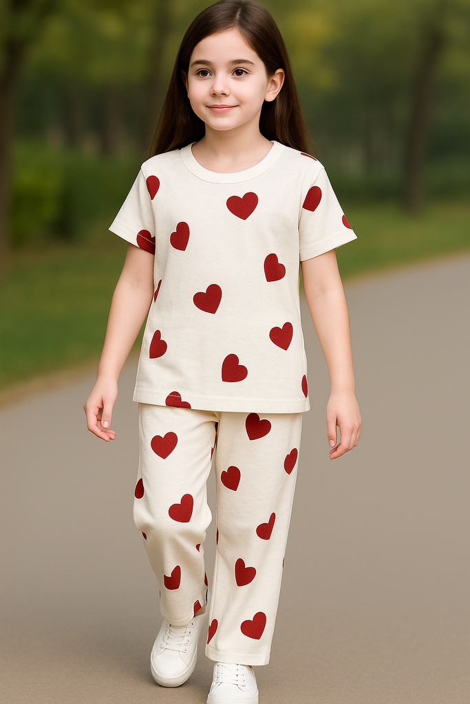 Girls White Heart Print Night Suit