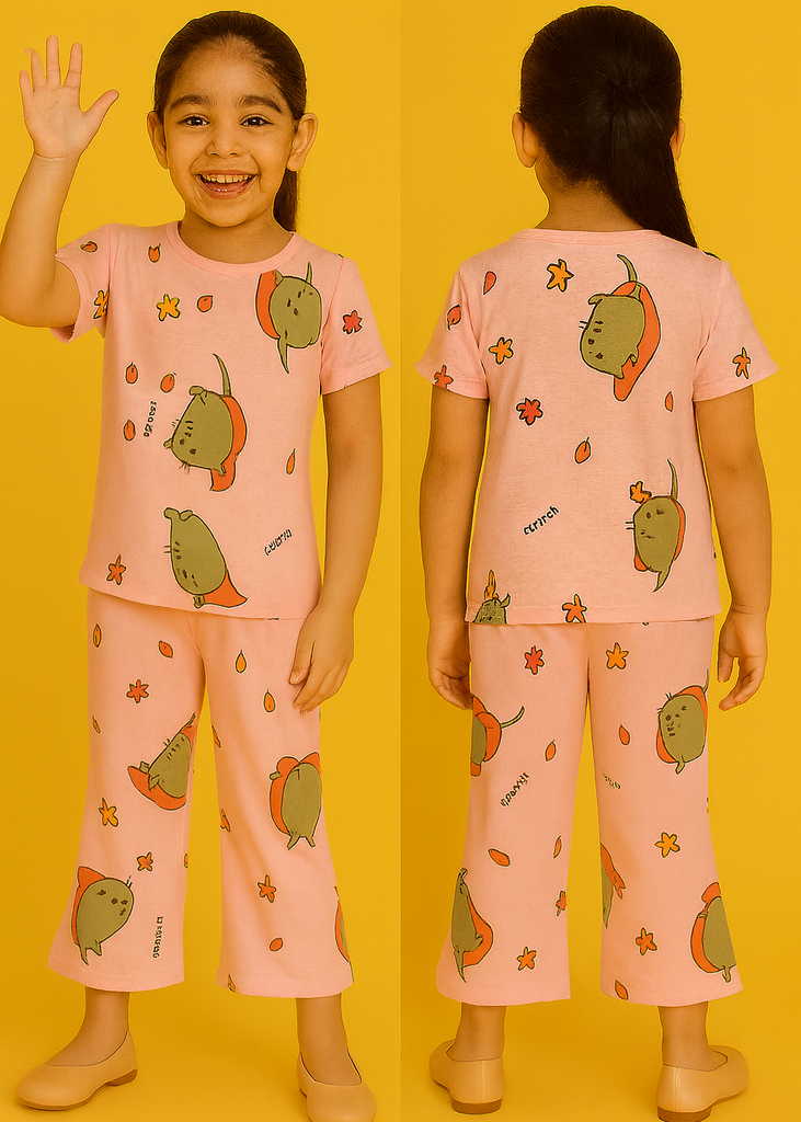 Pink Autumn Cat Print Kids Nightwear Set