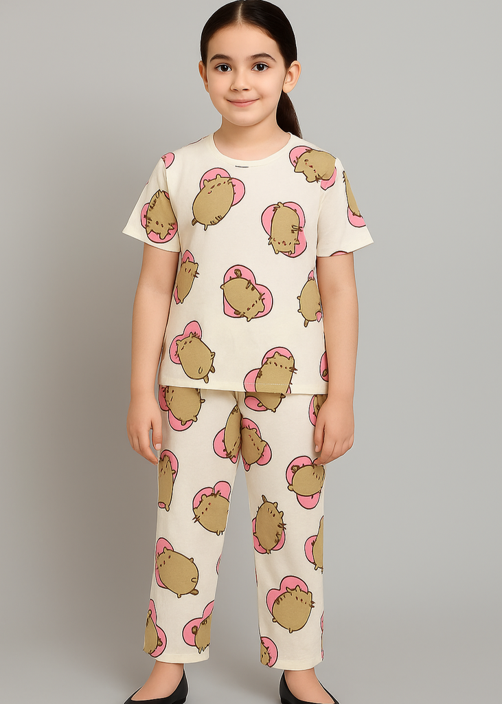 Girls Pusheen Cat & Heart Print Nightwear Set