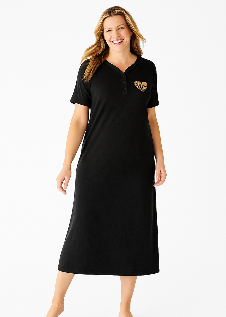 Women's Black Cotton Nightgown with Leopard Heart Patch