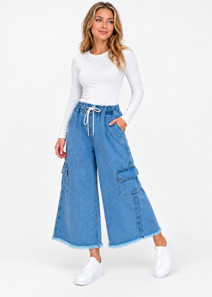 Cargo Denim Blue Wide Leg Elastic waist Pant