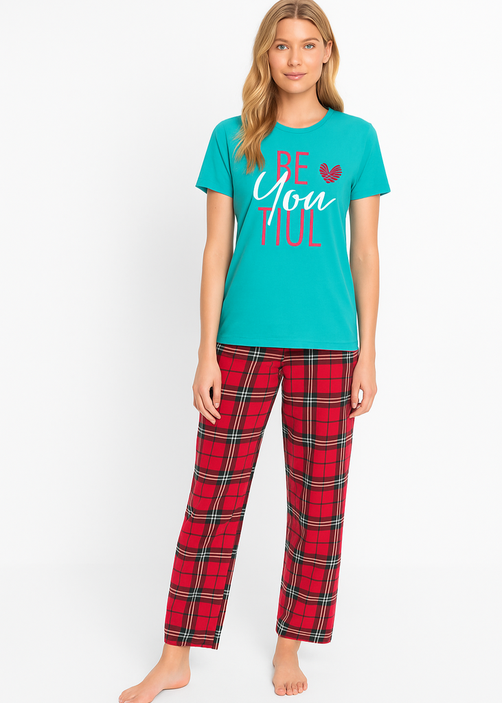 Turquoise Tee & Red Plaid Pajama Set