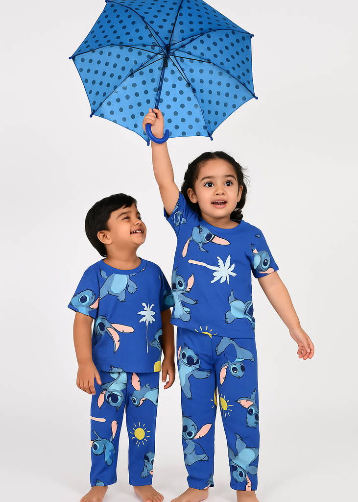 Blue Stitch Print Kids Nightwear Set