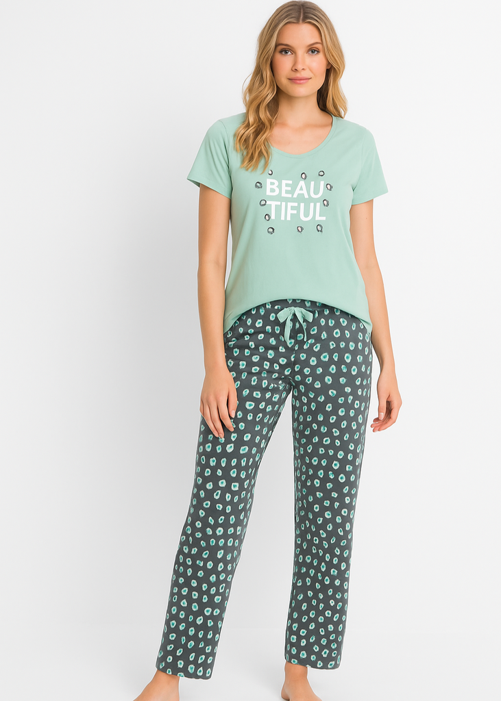 Short-sleeved cotton Pajamas with "Beautiful" print