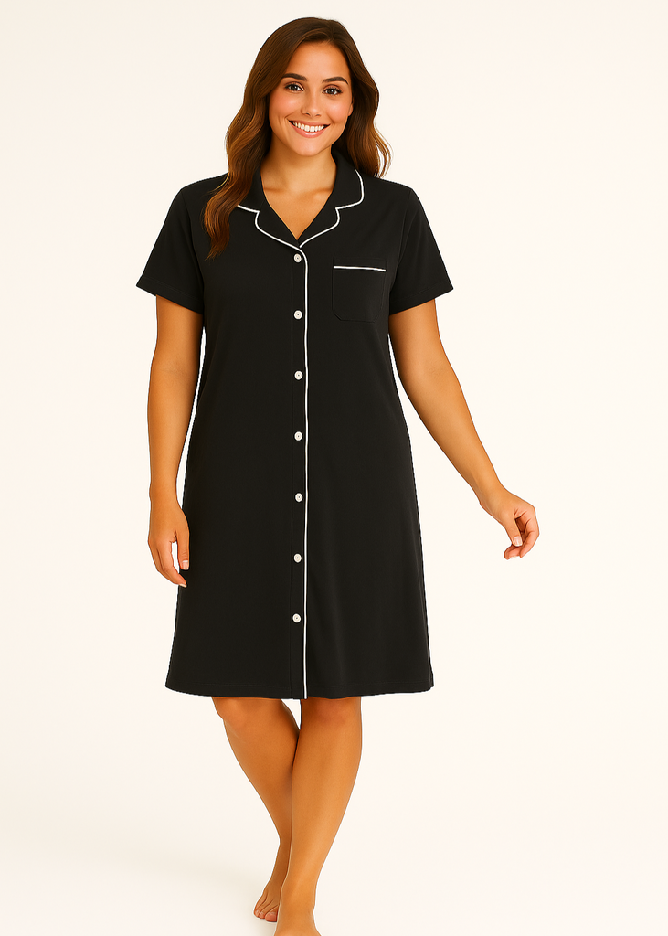 Black Button-Down Nightdress with White Piping