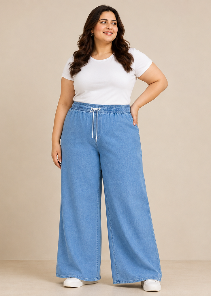 Denim Blue Wide Leg Elastic waist Pant