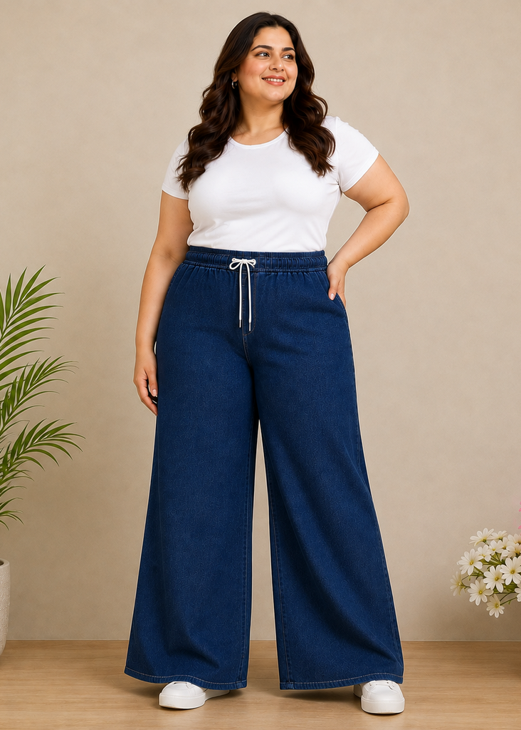 Dark Blue Wide Leg Elastic waist Denim Pant