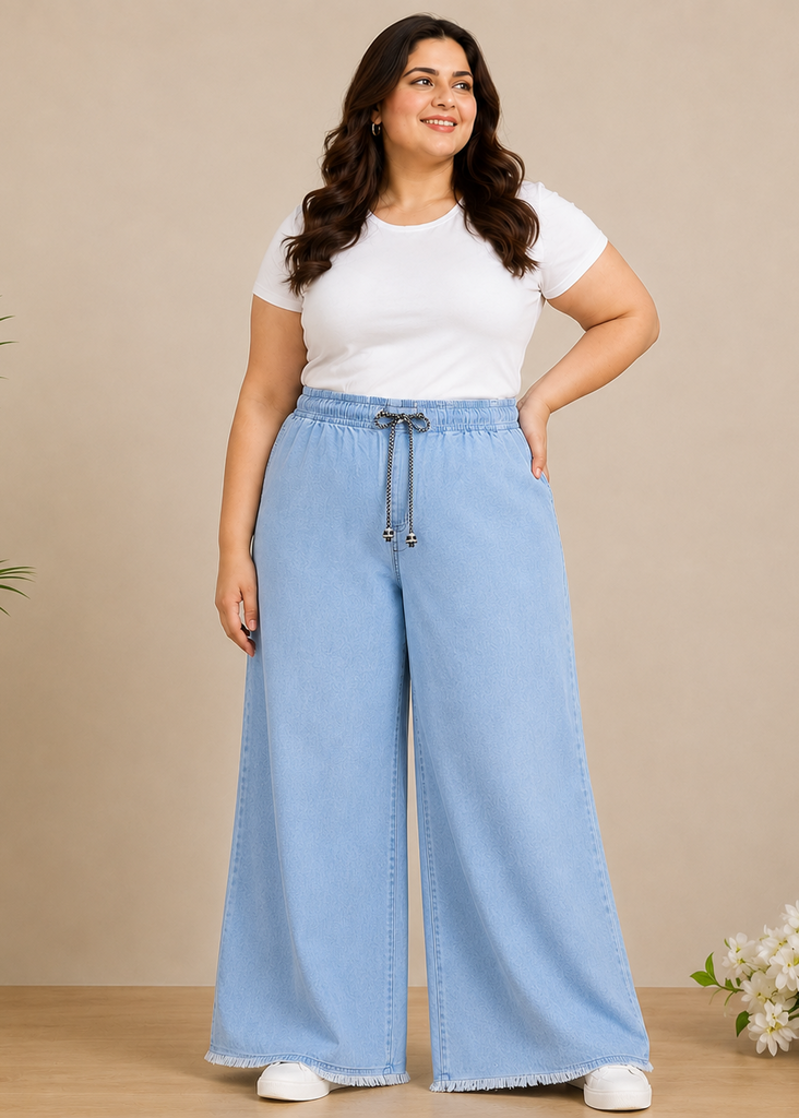 Sky Blue Wide Leg Elastic waist Denim Pant