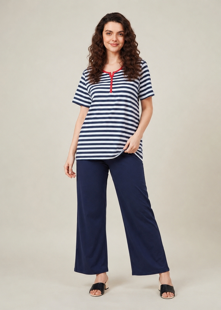 Navy Stripe Wide Leg Night Suit
