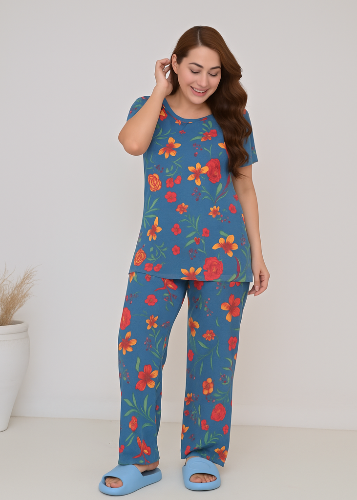 Blue Blossom Cotton Nightwear Set for Women