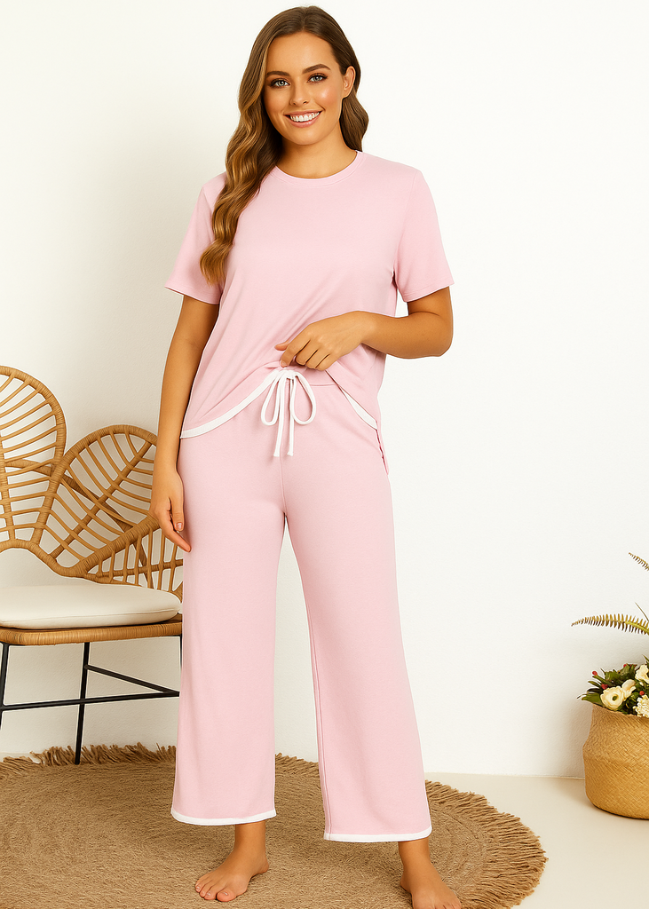 Blush Pink Cotton Loungewear Set with White Piping