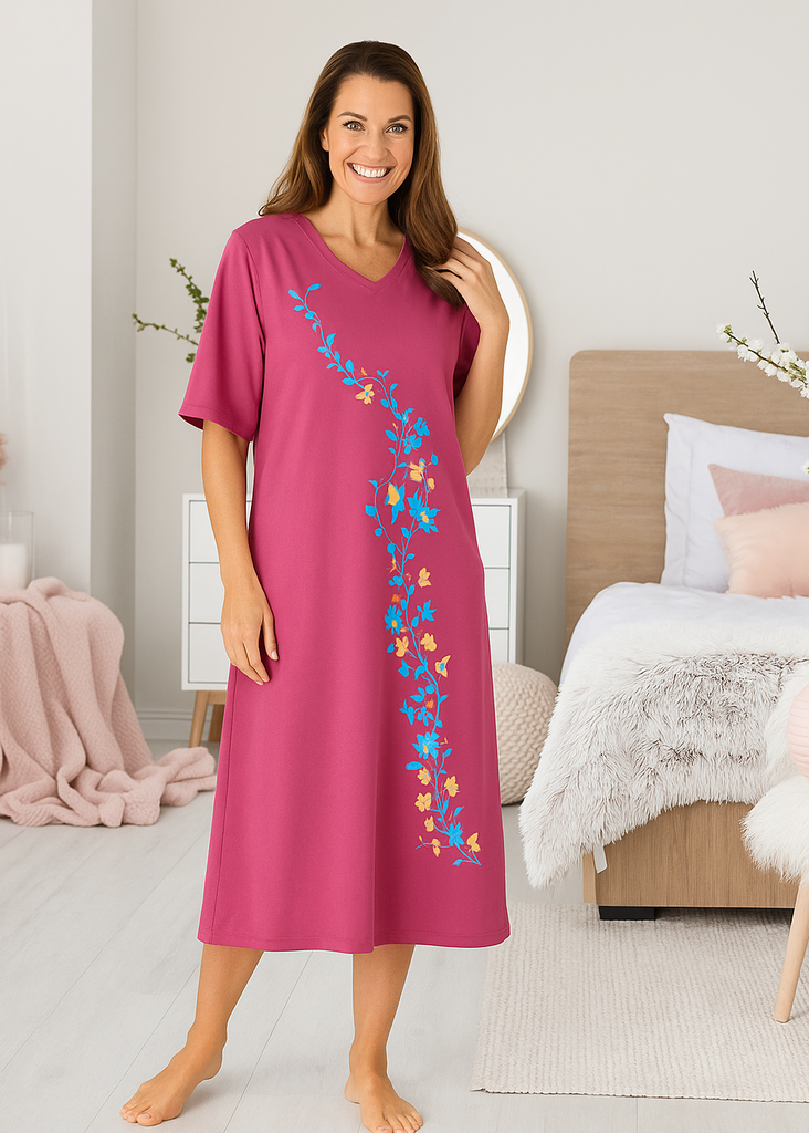 Blossom Trail Magenta Cotton Night Dress