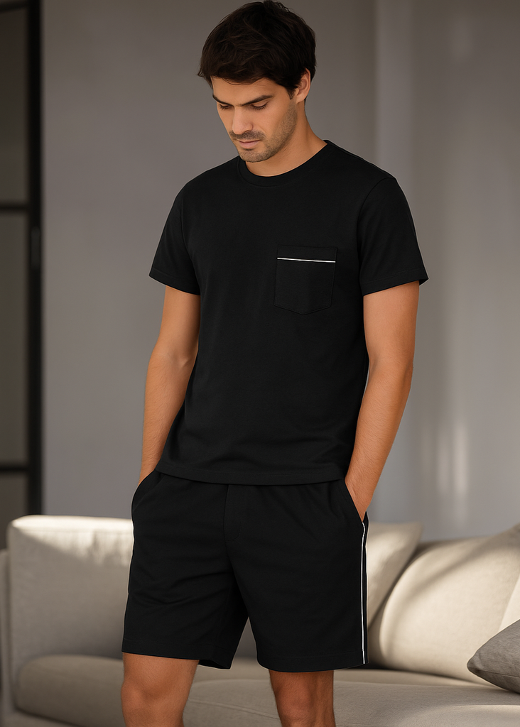 Men's Black Cotton Nightwear Set with White Piping