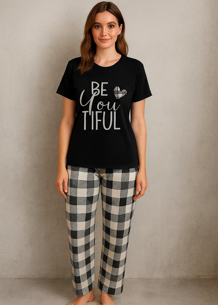 Black Tee & Checkered Pajama Set