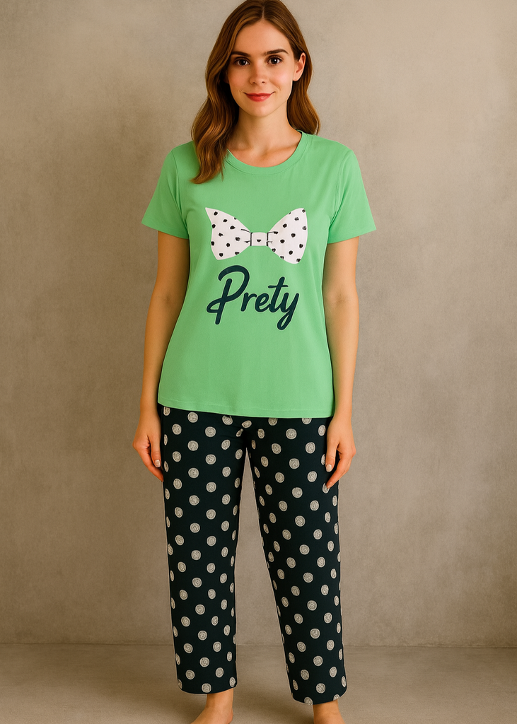 Mint Green Bow Print Tee & Polka Dot Pajama Set