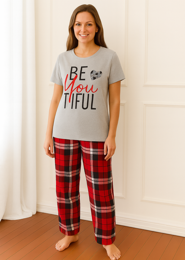 Grey Tee with Red Plaid Pajama Set