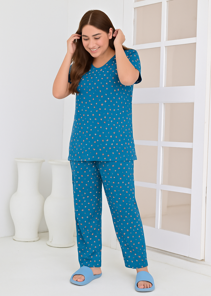 Teal Blue Mini Floral Wide Leg Pjs