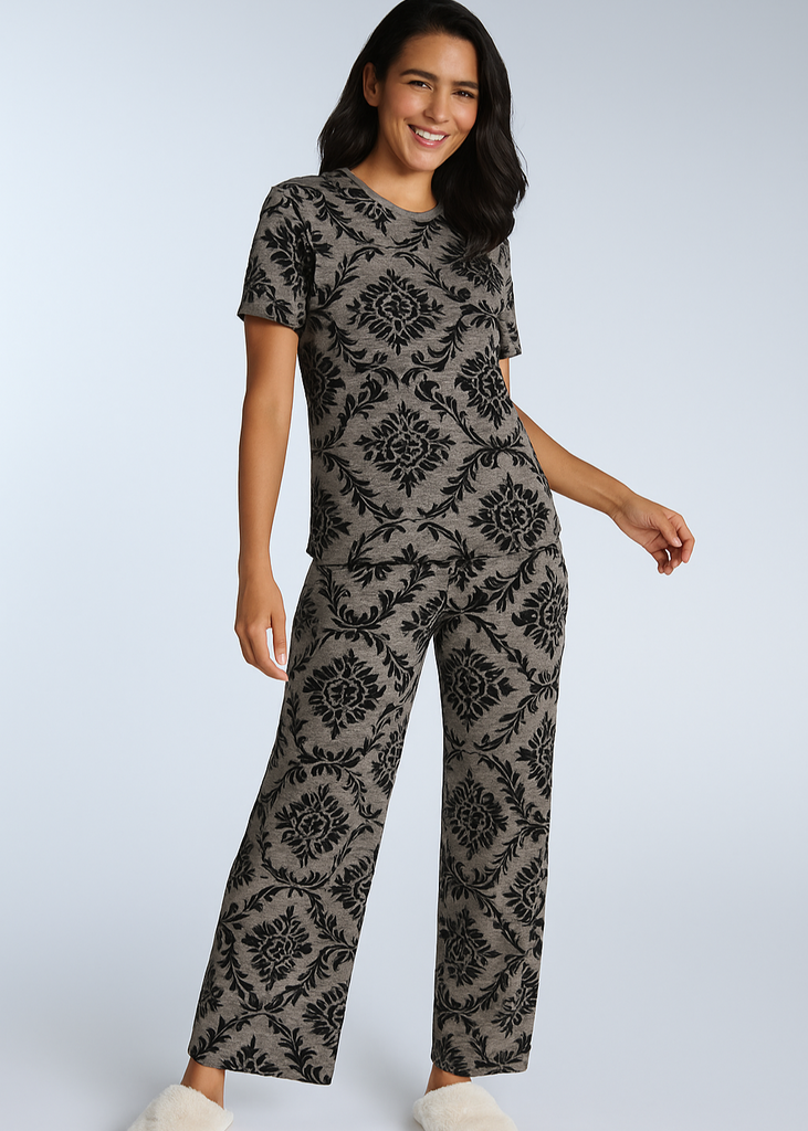 Charcoal Grey Damask Print Nightwear Set – Soft Cotton Comfort