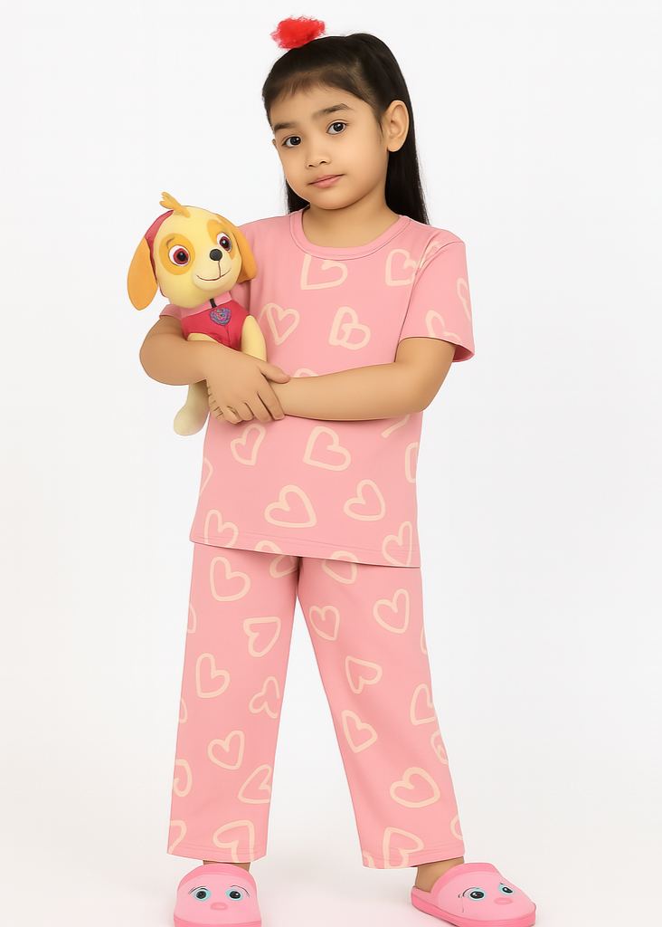 Sweetheart Pink Girls' Night Suit – All-Over Heart Print Pajama Set