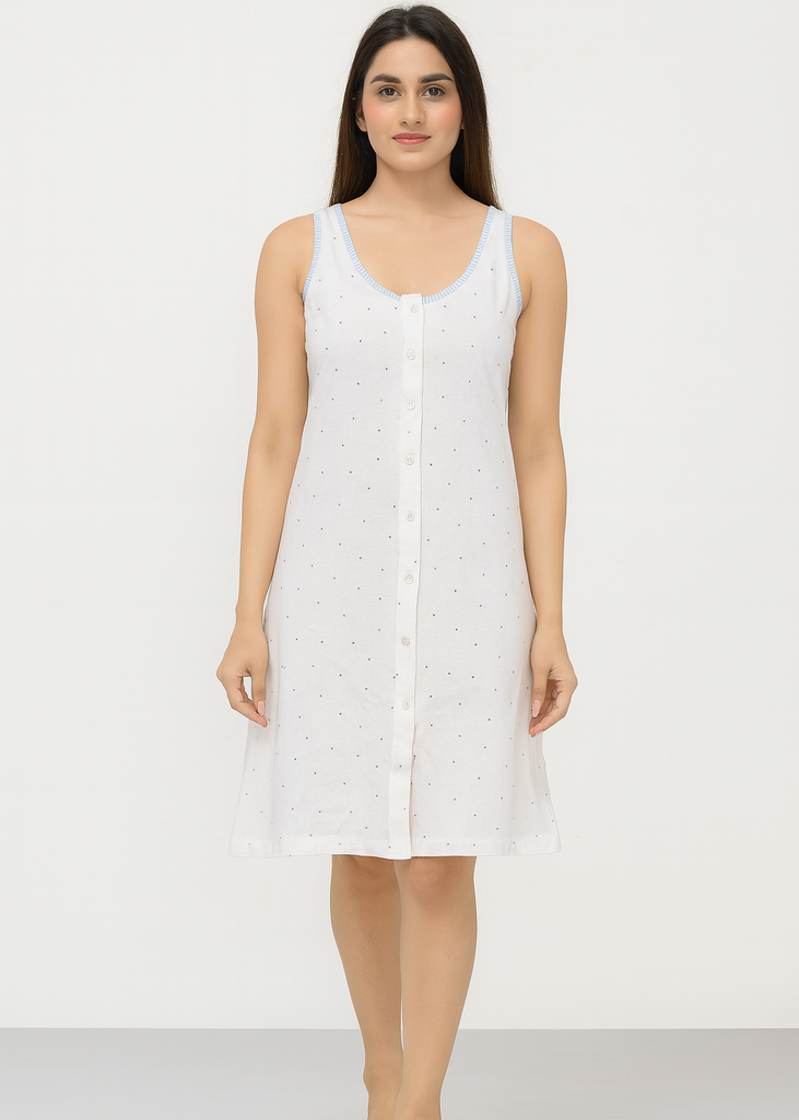 White Polka Dot Sleeveless Button-Down Nighty