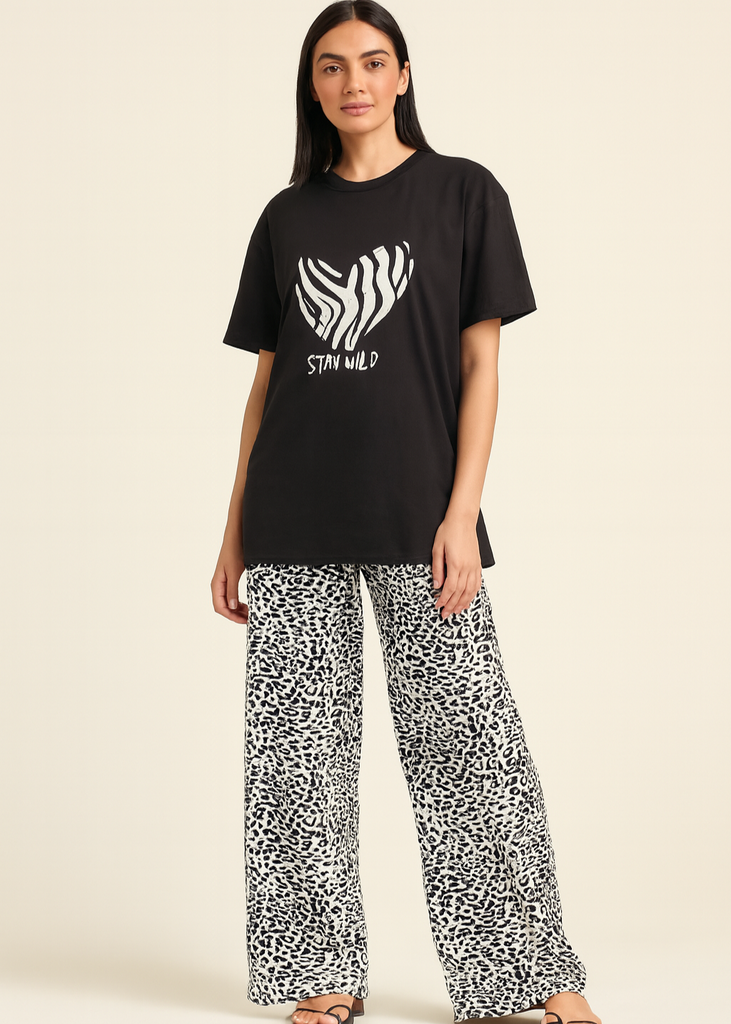 Stay Wild Black Tee & Leopard Wide-Leg Pajama Set