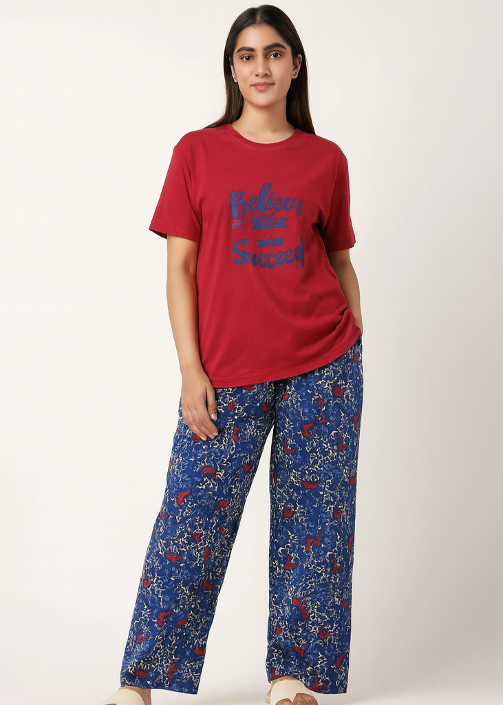 Printed Red Tee with Floral Wide-Leg Pajama Set