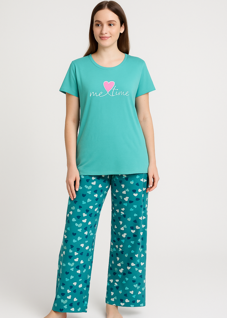 Me Time Teal Tee & Heart Print Wide-Leg Trouser Set