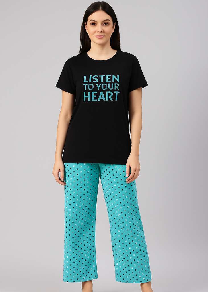 Black Tee & Turquoise Wide-Leg Trouser Set