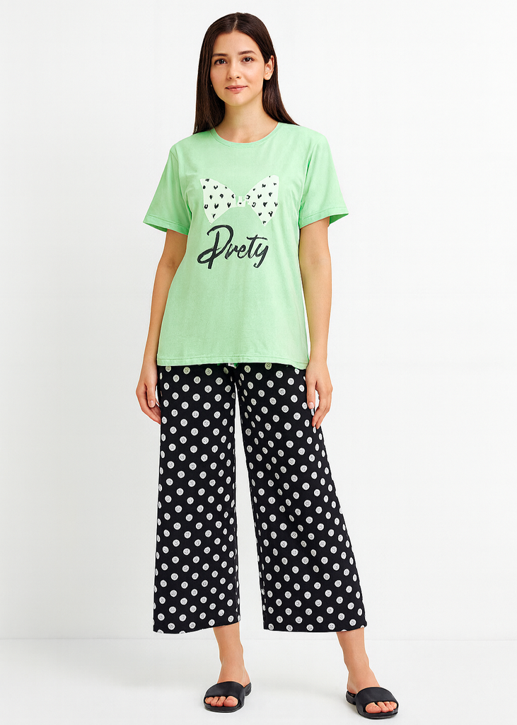 Mint Green Bow Print Tee & Polka Dot Pajama Set