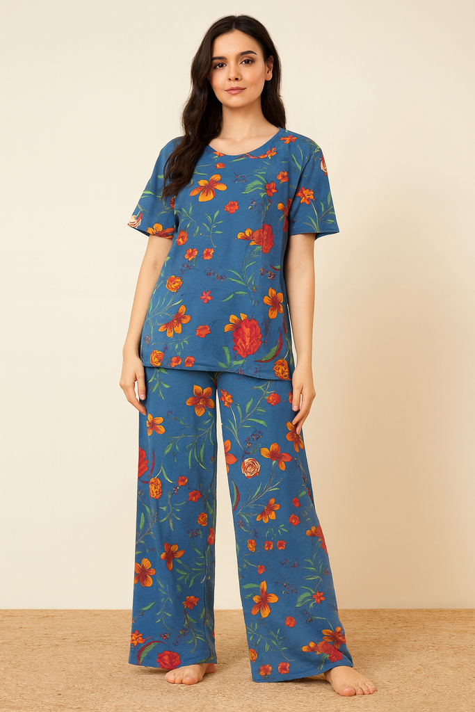 Blue Blossom Cotton Nightwear Set for Women