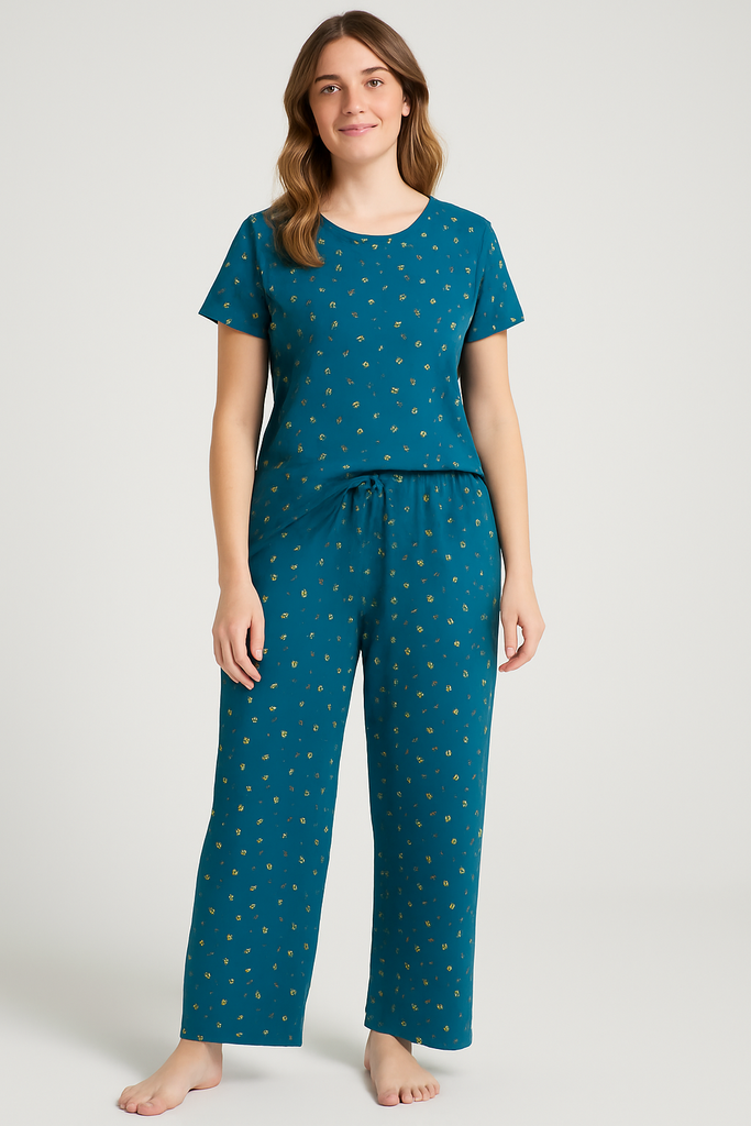 Teal Blue Mini Floral Wide Leg Pjs