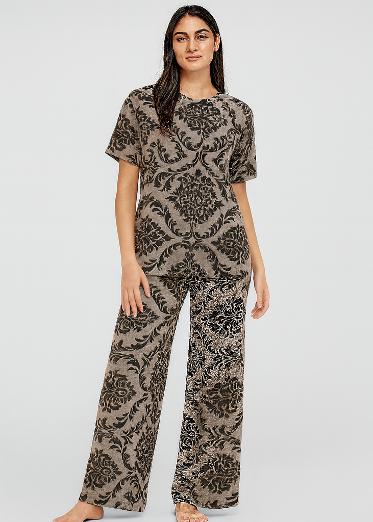 Charcoal Grey Damask Print Nightwear Set – Soft Cotton Comfort